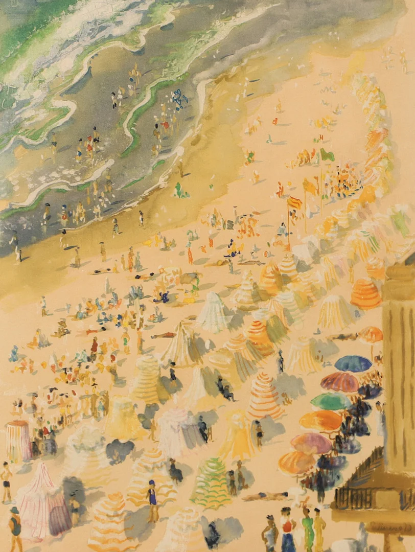 ISAAC GRÜNEWALD. EFTER. Strandvy, Biarritz, tryck efter akvarell, signerad Grünewald i trycket. — Other — Helsingborgs Auktionskammare