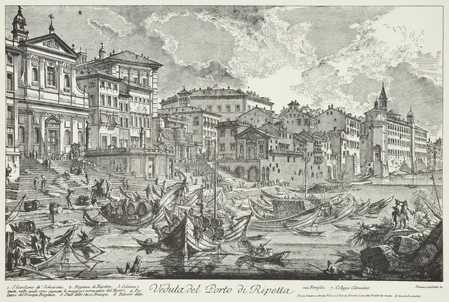 GIOVANNI BATTISTA PIRANESI (1720 – 1778). EFTER. Veduta del Porto di Ripetta. Gravyr. 1900-tal.