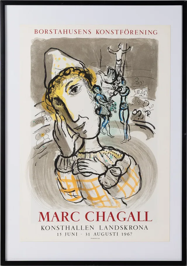 MARC CHAGALL. Originallitografi, "Le cirque au clown jaune", affisch utgiven 1967 i 1000 ex för Borstahusens Konstförening, Mourlot.