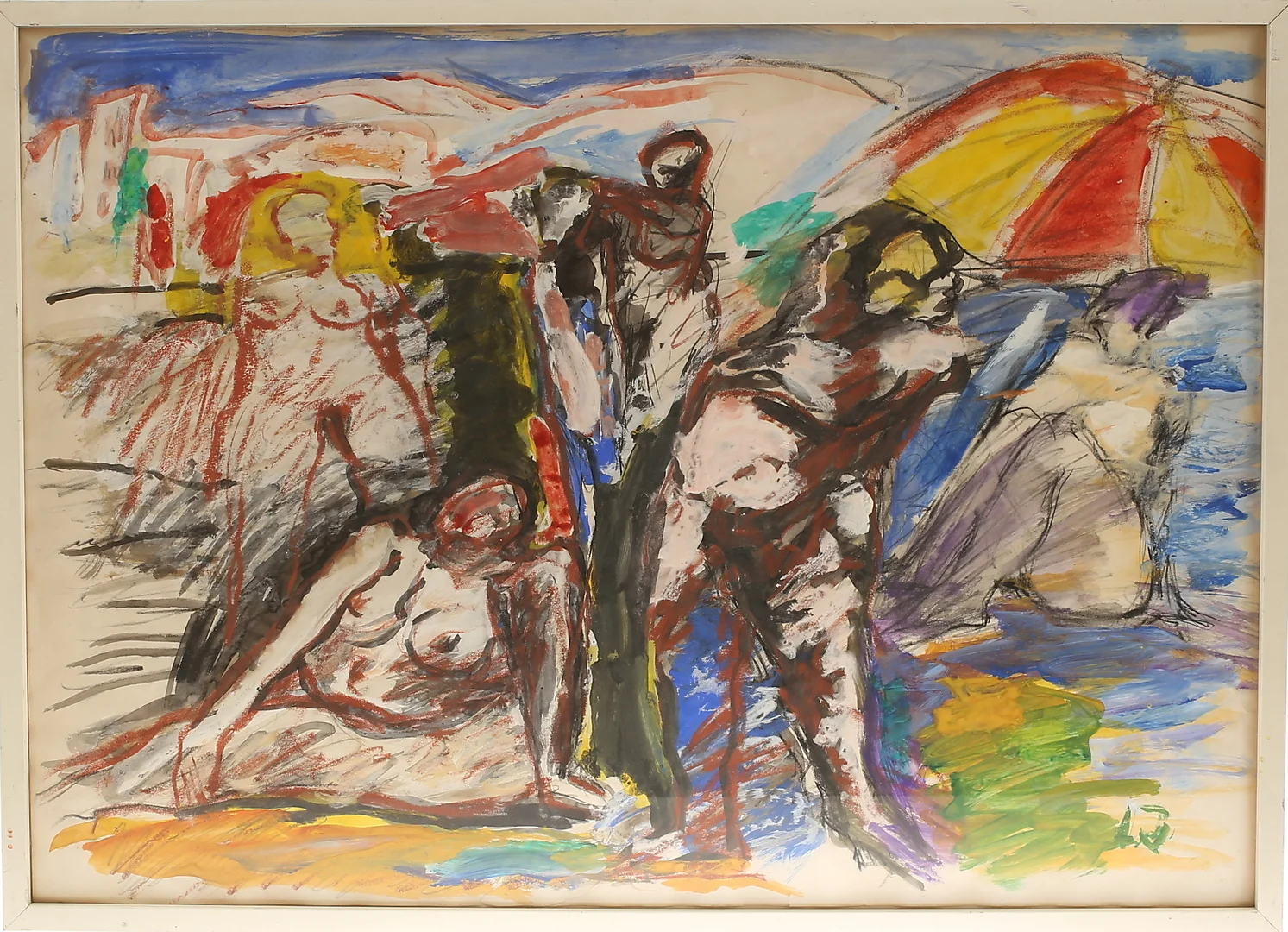 LENNART JOANSON. Blandteknik, "Figurer på stranden 4", signerad LJ samt à tergo. — Paintings — RA Auktionsverket Norrköping