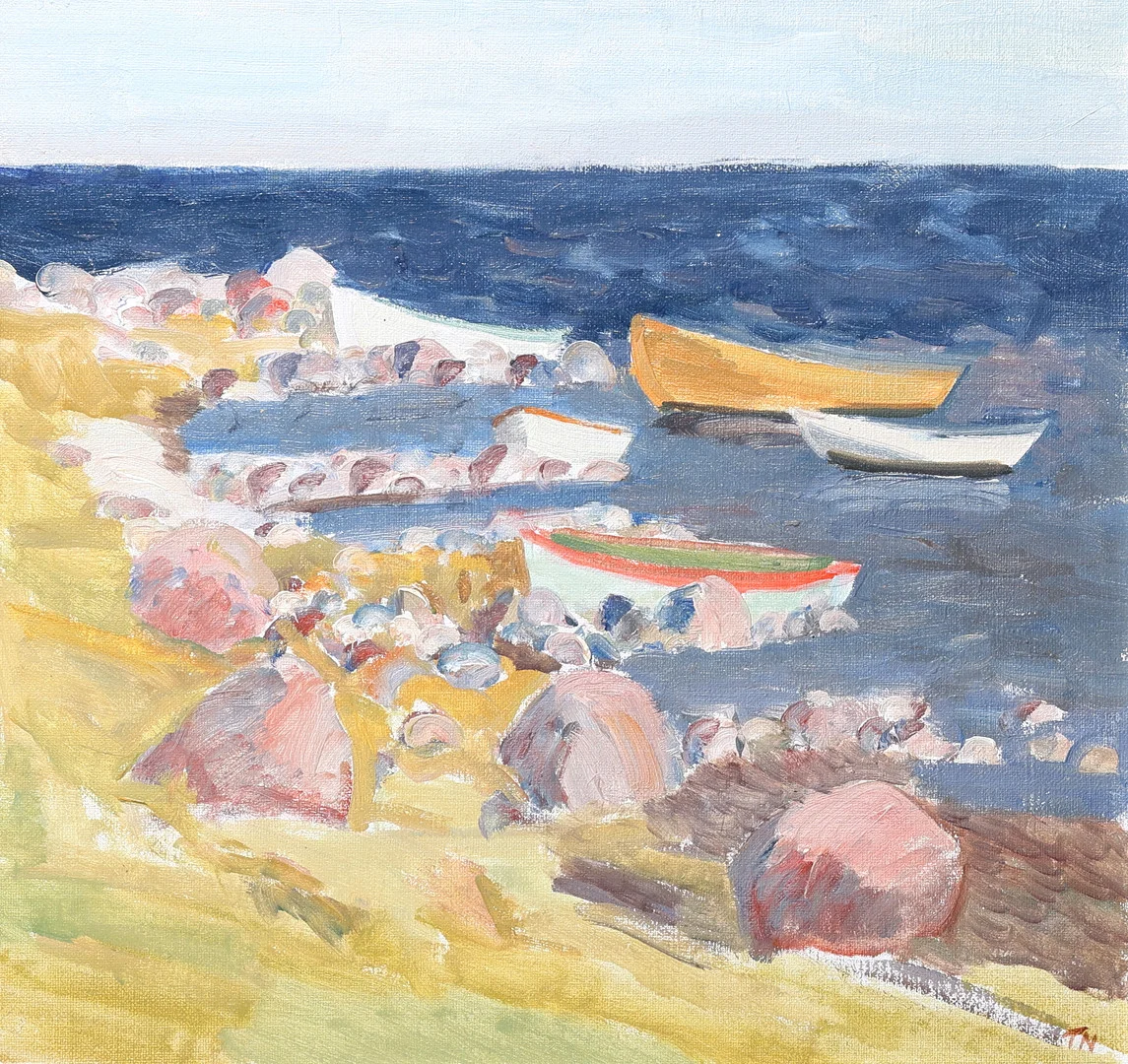 TAGE E NILSSON. Olja på pannå, "Båtar vid Ölands strand", signerad daterad -83. — Paintings — Gomér & Andersson Jönköping