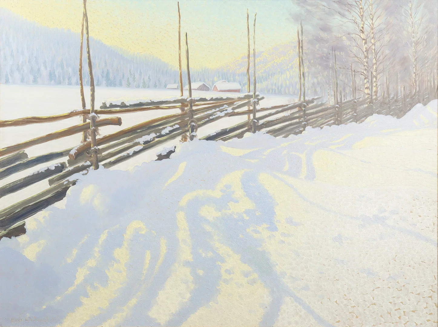 ERIC RHÖNNSTAD. Vinterlandskap med gärdesgård, olja på pannå, signerad. — Paintings — Karlstad Hammarö Auktionsverk