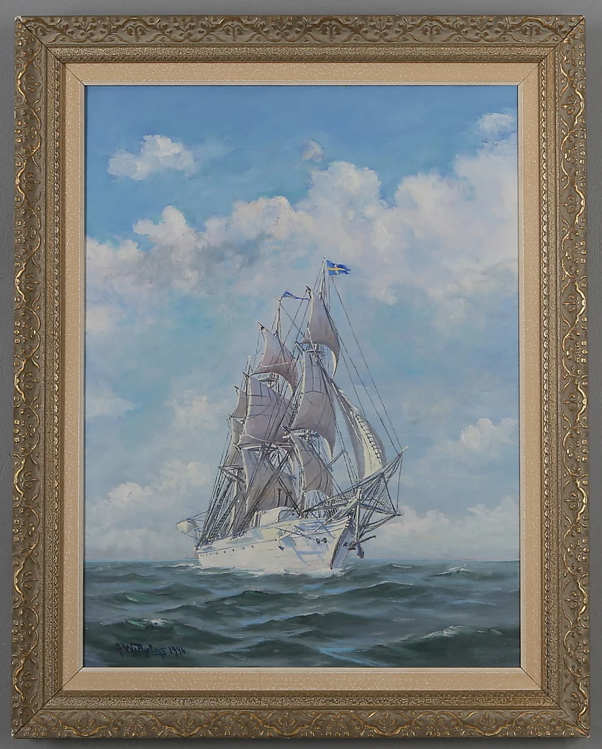 ALEXANDER WILHELMS. Skolskeppet Jarramas, olja på duk, signerad samt daterad 1946. — Paintings — Auktionshuset Kolonn