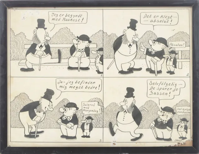 Robert Storm Petersen. Original humorous ink drawing with Peter and Ping