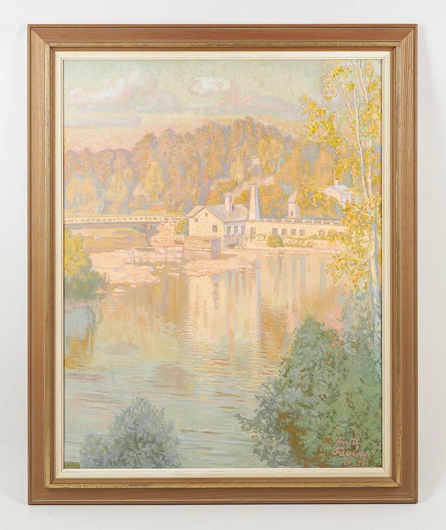 ANTTI FAVÉN. Viilafabriken vid Vanda fors, signerad samt daterad 3.9. -45, olja på duk. — Paintings — Stockholms Auktionsverk Helsinki