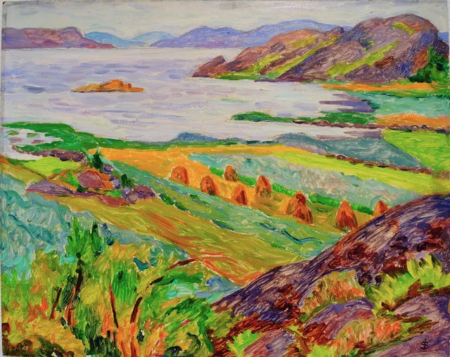 INGRID SIMONSSON. olja på pannå, landskap, signerad med monogram.