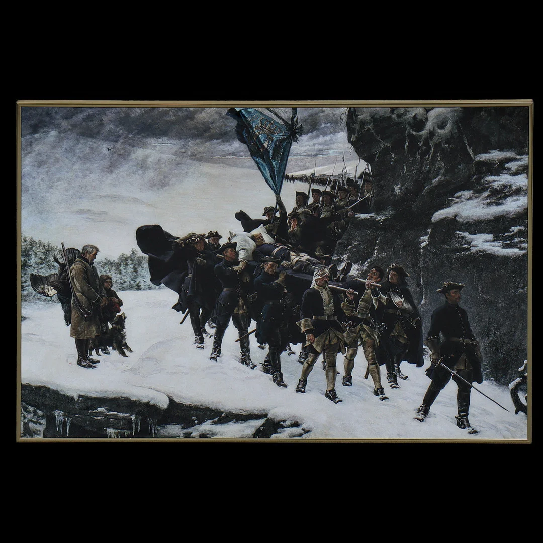 GUSTAF CEDERSTRÖM (eftr) "KARL XII:S LIKFÄRD", TRYCK, INGLASAD. — Engravings & Prints — Auktionskammaren Sydost Kalmar