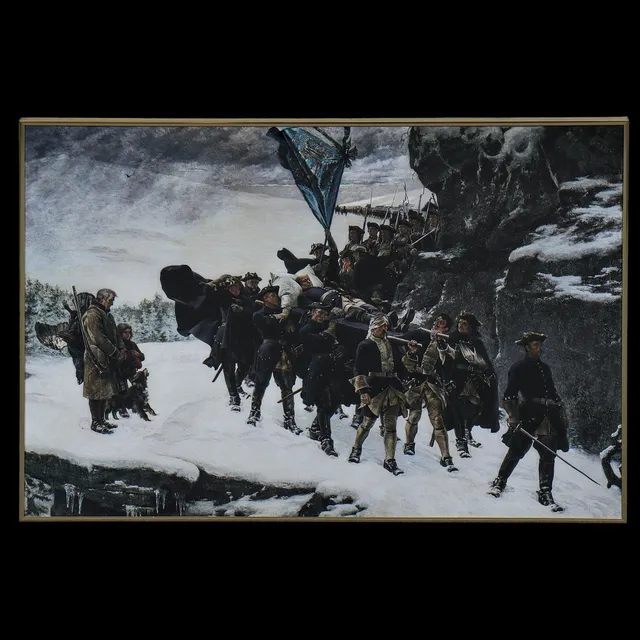 GUSTAF CEDERSTRÖM (eftr) "KARL XII:S LIKFÄRD", TRYCK, INGLASAD.