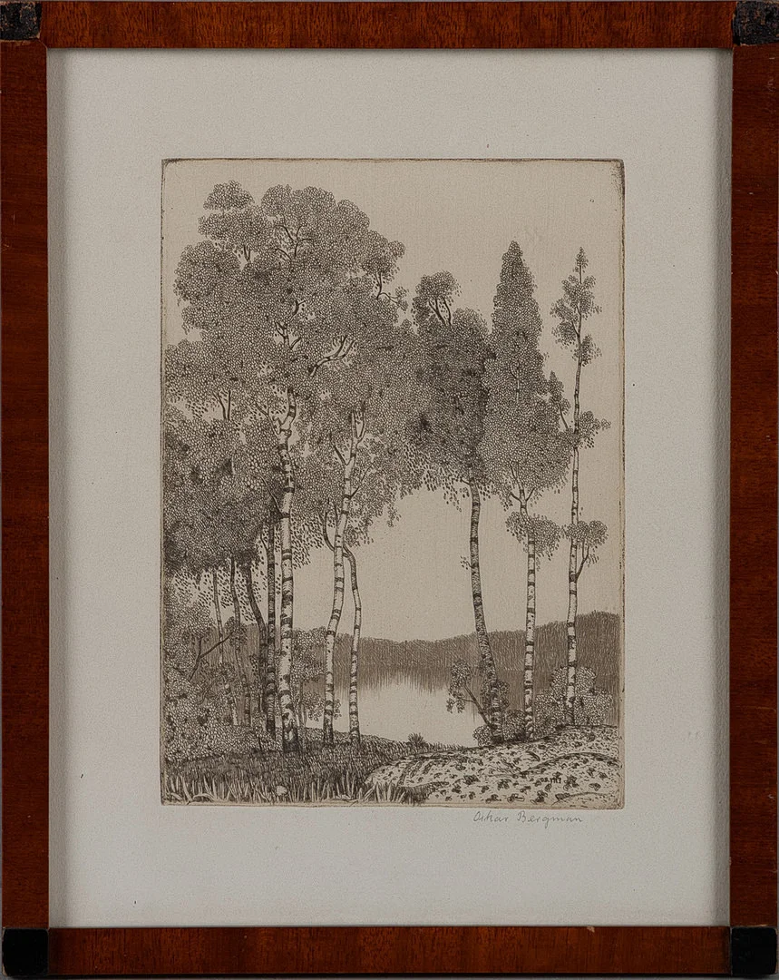 OSKAR BERGMAN. Björkar invid sjö, etsning, signerad. — Engravings & Prints — Stockholms Auktionsverk Helsingborg