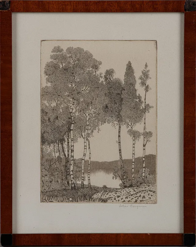 OSKAR BERGMAN. Björkar invid sjö, etsning, signerad.
