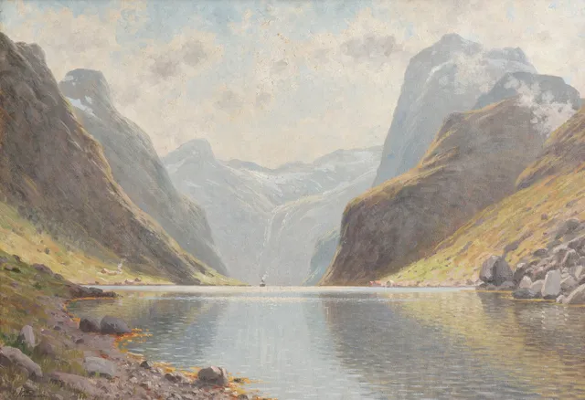 ADELSTEEN NORMANN (F. VÅGØYA 1848, D. OSLO 1918). Norsk fjordparti med bjerge og båd. Sign. A. Normann. Olie på lærred.