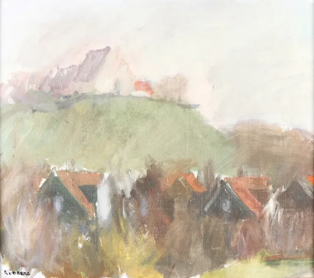 GUSTAV RUDBERG. Oljemålning på duk. Kyrkbacken, Ven. Signerad.