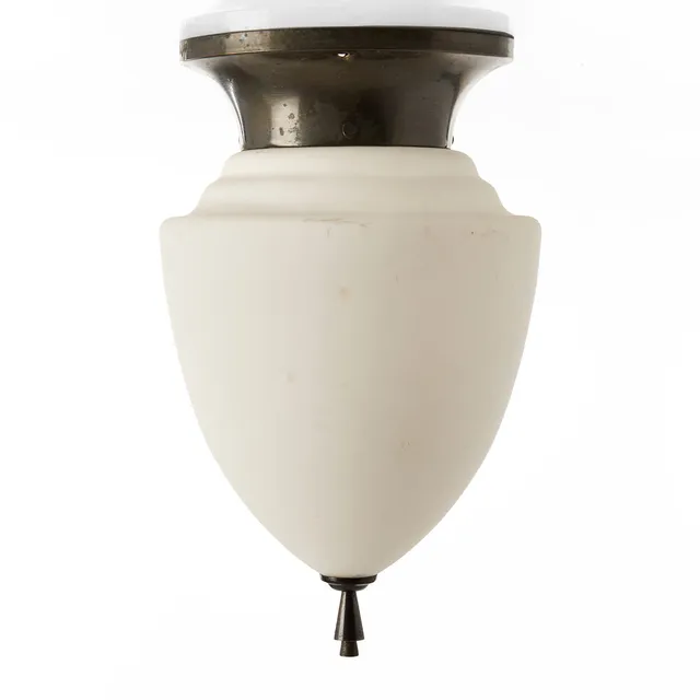 HARALD NOTINI (1879–1959). Taklampa, modell '6389', Böhlmarks Lampfabrik, fäste i mörkpatinerad mässing, kupa i vitt matterat opalglas, 1920/30-tal. Swedish Grace.