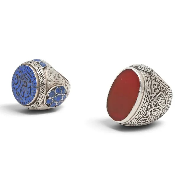 Two large Turkish rings in silver, enamel, sodalite and carnelian.