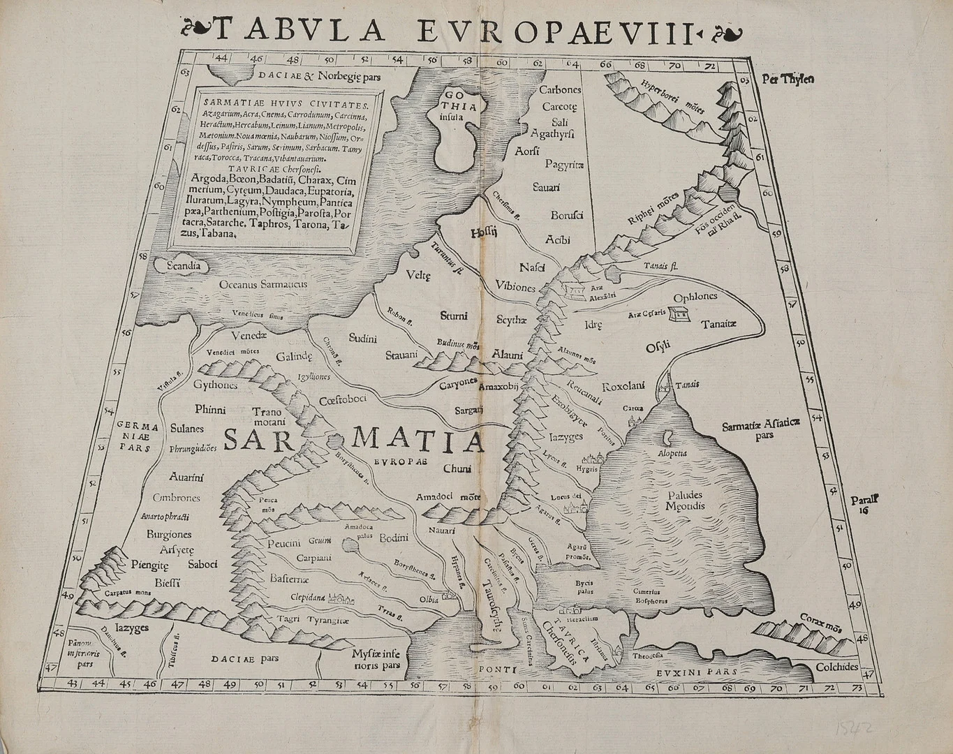ANTIK KARTA. EN KARTA CA. 1540 ÖVER ´SARMATIERN (RYSSLAND, UKRAINA, BALTIKUM, SKANDINAVIEN) AV SEBASTIAN MUNSTER (1488-1552) EFTER PTOLEMAIUS. — Autographs & Manuscripts — Crafoord Auktioner Lund