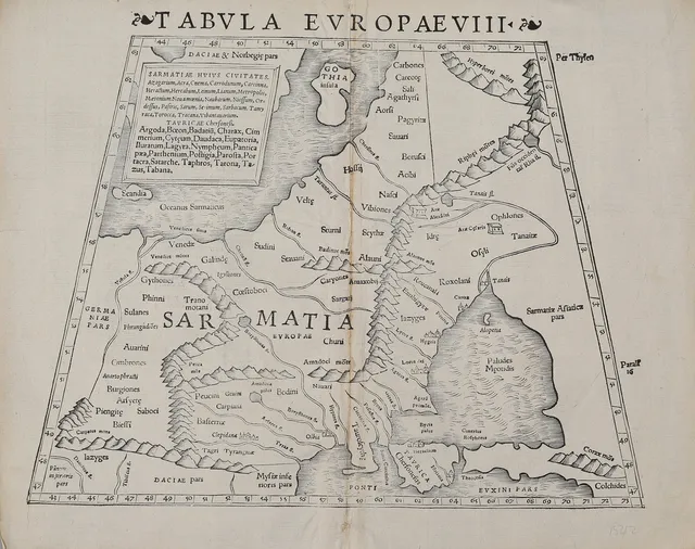 ANTIK KARTA. EN KARTA CA. 1540 ÖVER ´SARMATIERN (RYSSLAND, UKRAINA, BALTIKUM, SKANDINAVIEN) AV SEBASTIAN MUNSTER (1488-1552) EFTER PTOLEMAIUS.