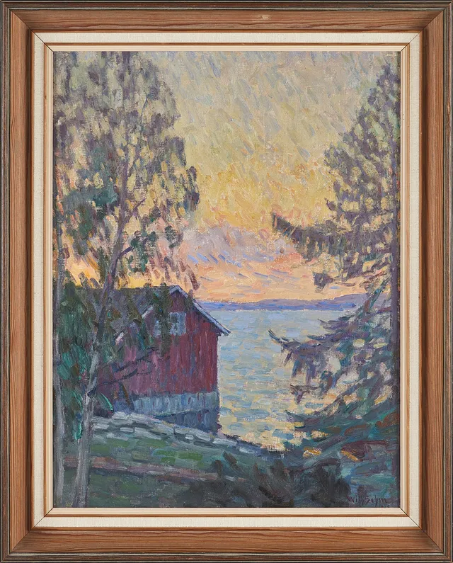WILHELM BEHM (1859-1934). Landskap med stuga vid sjö, olja på duk, signerad Wilh. Behm.