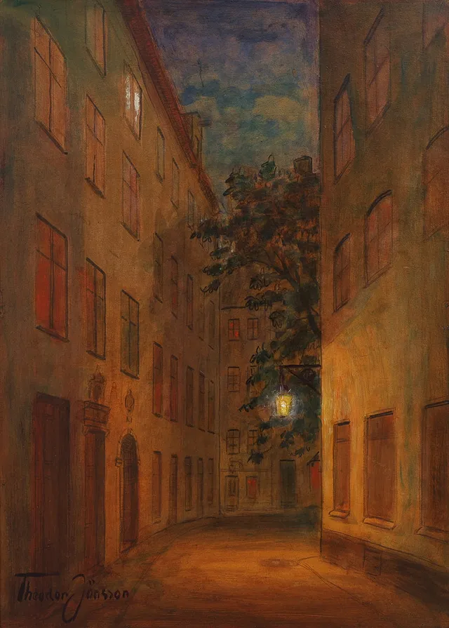 THEODOR JÖNSSON. OLJA PÅ PANNÅ, STOCKHOLMSMOTIV, GAMLA STAN, SIGNERAD.