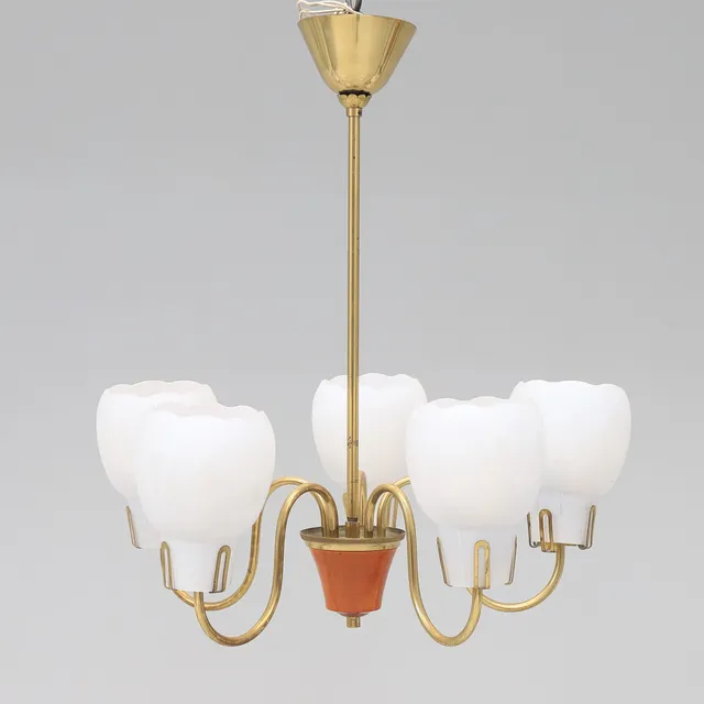 TAKLAMPA, mässing & glas, 1950-tal.