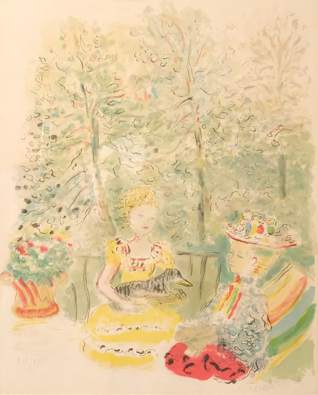 CONSTANTIN TERECHKOVITCH, "KOSTIA TERECHKOVITCH". LITOGRAFI. PARKMOTIV MED SITTANDE DAMER OCH HUND.