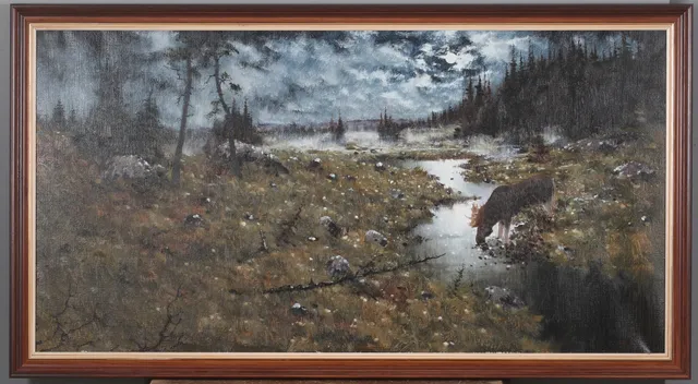 SVEN ERIK LUND. Älg vid vatten, olja på duk, signerad.