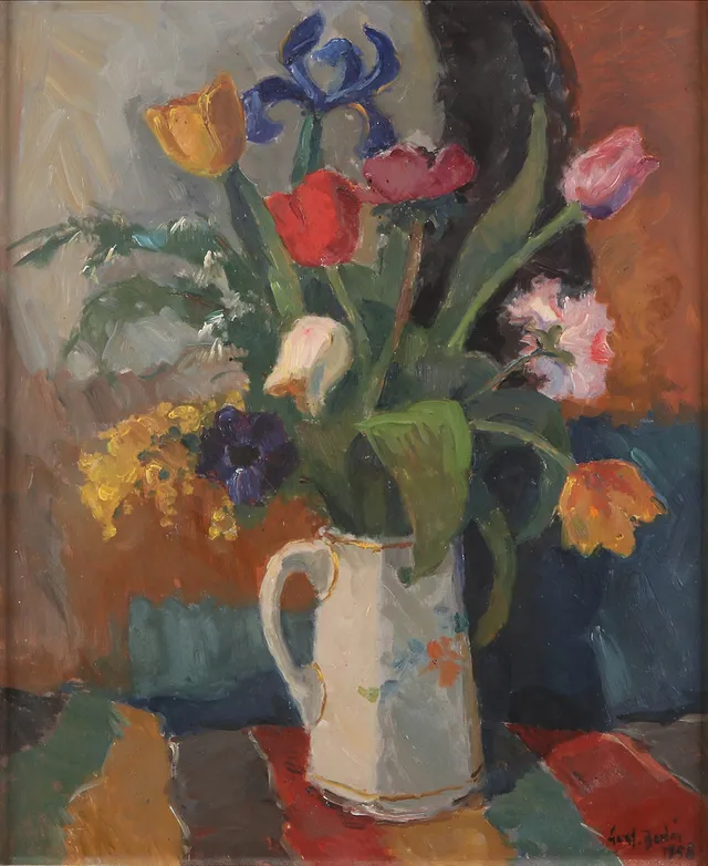 GUSTAV BERLIN. Oljemålning på pannå. Stilleben med blombukett i kanna. Signerad och daterad 1958.