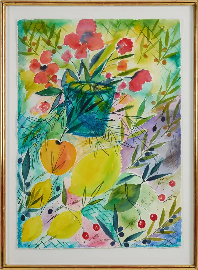 LENA LINDERHOLM. Stilleben med blommor och frukt.