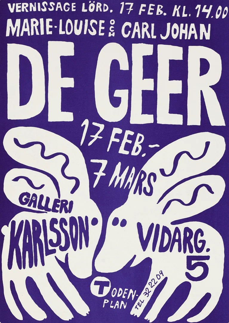 CARL JOHAN DE GEER, "Marie-Luise och Carl Johan De Geer - vernissage galleri Karlsson" inbjudningskort/affisch, osignerad, grafiskt blad, offset. — Engravings & Prints — Crafoord Auktioner Stockholm