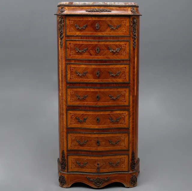 Napoleon III style “Semainier” in marquetry and brass, with marble top.