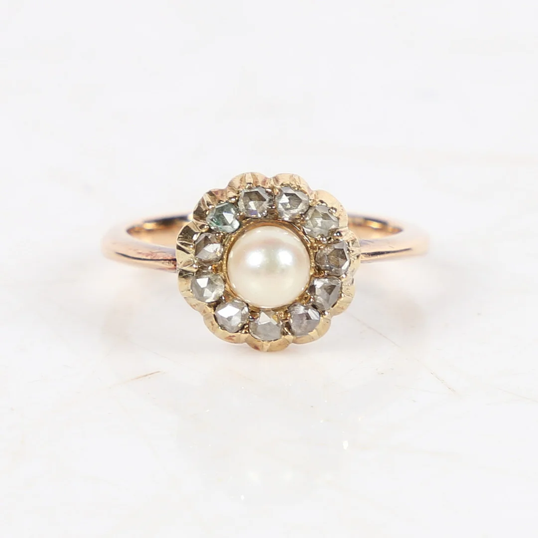 YELLOW METAL ANTIQUE DIAMOND AND CULTURED PEARL CLUSTER RING. — Rings — Bishop & Miller