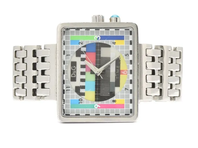 DOLCE & GABBANA, ur serien Medicine Man TV Test Card Dial, 40x32mm, modell: DW0197, rektangulär urtavla med batteribelyst urtavla (oklar funktion), quartz, boett i stål med plexiglas, multifärgad urtavla föreställande Philips testbild, stållänk, repor