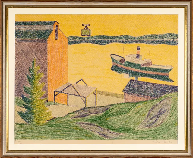 HELGE LINDEN. Färglitografi, hamn med båt, signerad och numrerad 64/110.