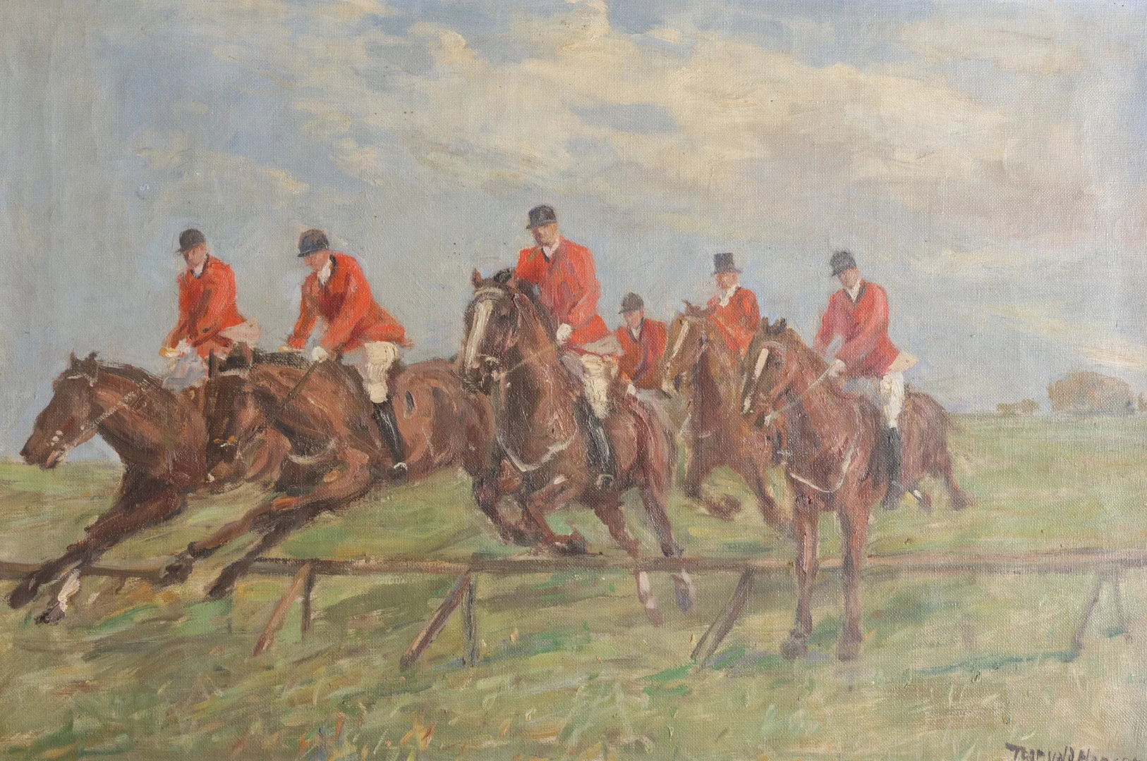 THORVALD HANSEN (F. KØBENHAVN 1878, D. 1955). Hubertusjagt, antageligvis i Dyrehaven. Sign. Thorvald Hansen. Olie på lærred. — Paintings — Woxholt Auktioner