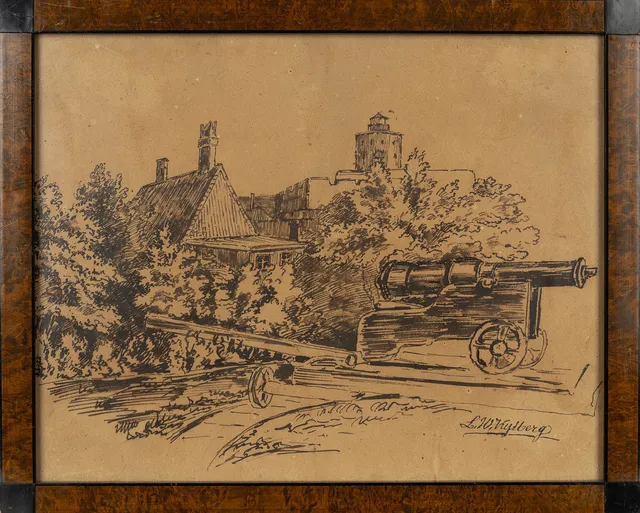 LARS WILHELM KYLBERG. (1798-1865), Blyertsteckning, Kanon vid byggnader, Signerad.