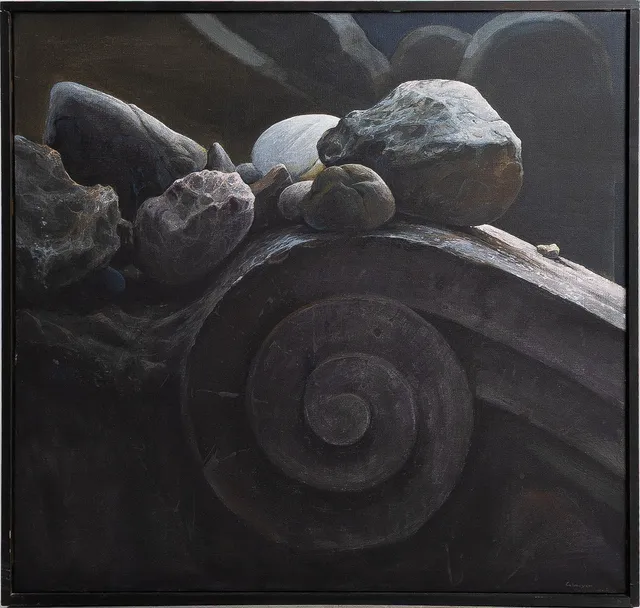 GÖSTA CALMEYER. "Stenar på den judiska begravningsplatsen i Praha 1989", olja på duk, signerad.