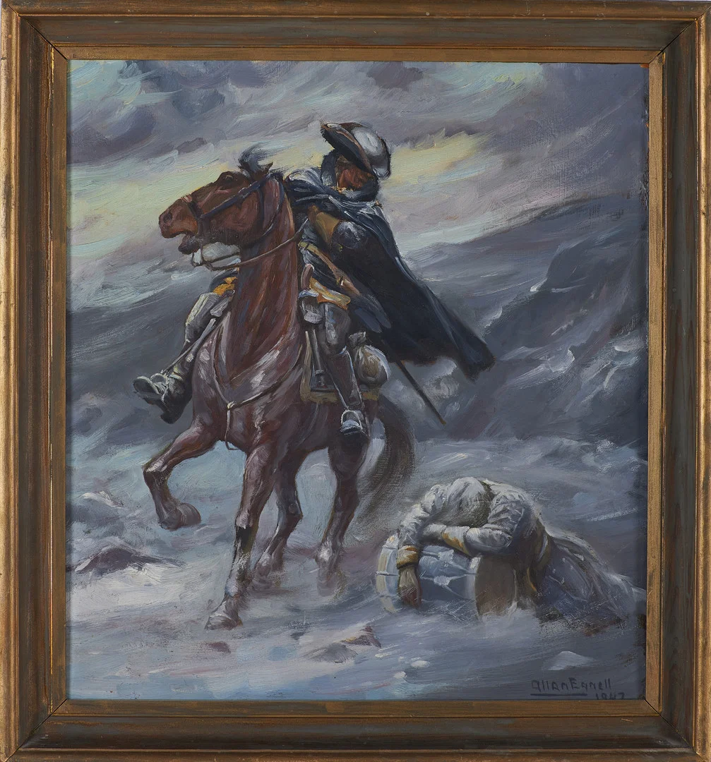 ALLAN EGNELL. Karolin till häst, olja på pannå, signerad och daterad 1947. — Paintings — Stockholms Auktionsverk Sickla
