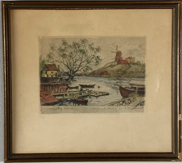 ERNST HÄLLGREN. Originaletsning, "Hammarby kvarn" signerad E Hällgren.