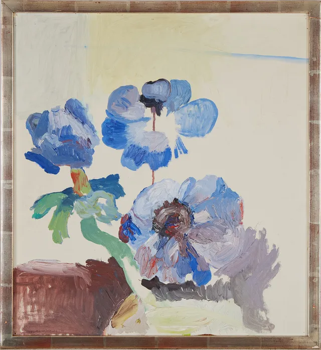 BIRGITTA LILJEBLADH. "Blå anemoner", olja på pannå, signerad, daterad 71.