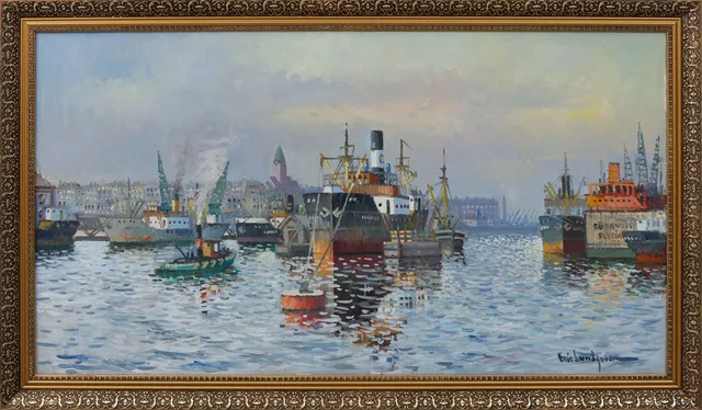 ERIC LUNDGREN. Göteborgs hamn, olja på duk, signerad.