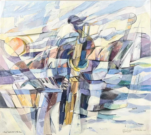 BENGT ANDERSSON RÅSSBYN. TAVLA, Collage / akryl, "Lars Gullin i Bohuslän 1975", signerad.