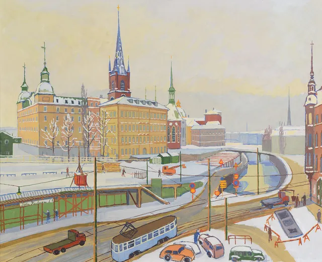 FOLKE KARLSSON. "Riddarholmen", olja på pannå, signerad och daterad -59.