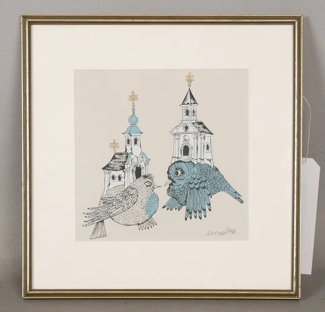 HRVOJE SERCAR (1936-2014), STUDY OF TWO BIRDS AND CHURCHES.