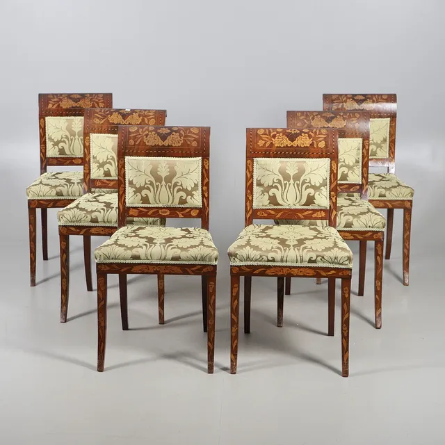 A SET OF SIX DUTCH MAHOGANY AND MARQUETRY DINING CHAIRS.