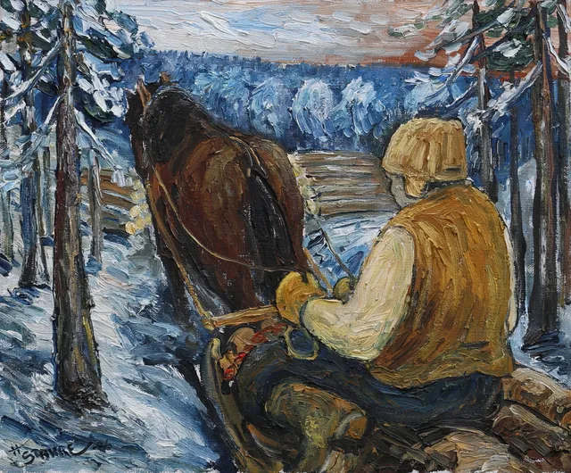 HÅKAN STAHRE. Olja på duk, hästsläde, signerad, daterad -86.