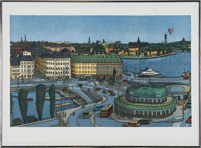 SVENOLOV EHRÉN. Vyer över slussen och gamla stan, 3 st, färglitografier, signerade.