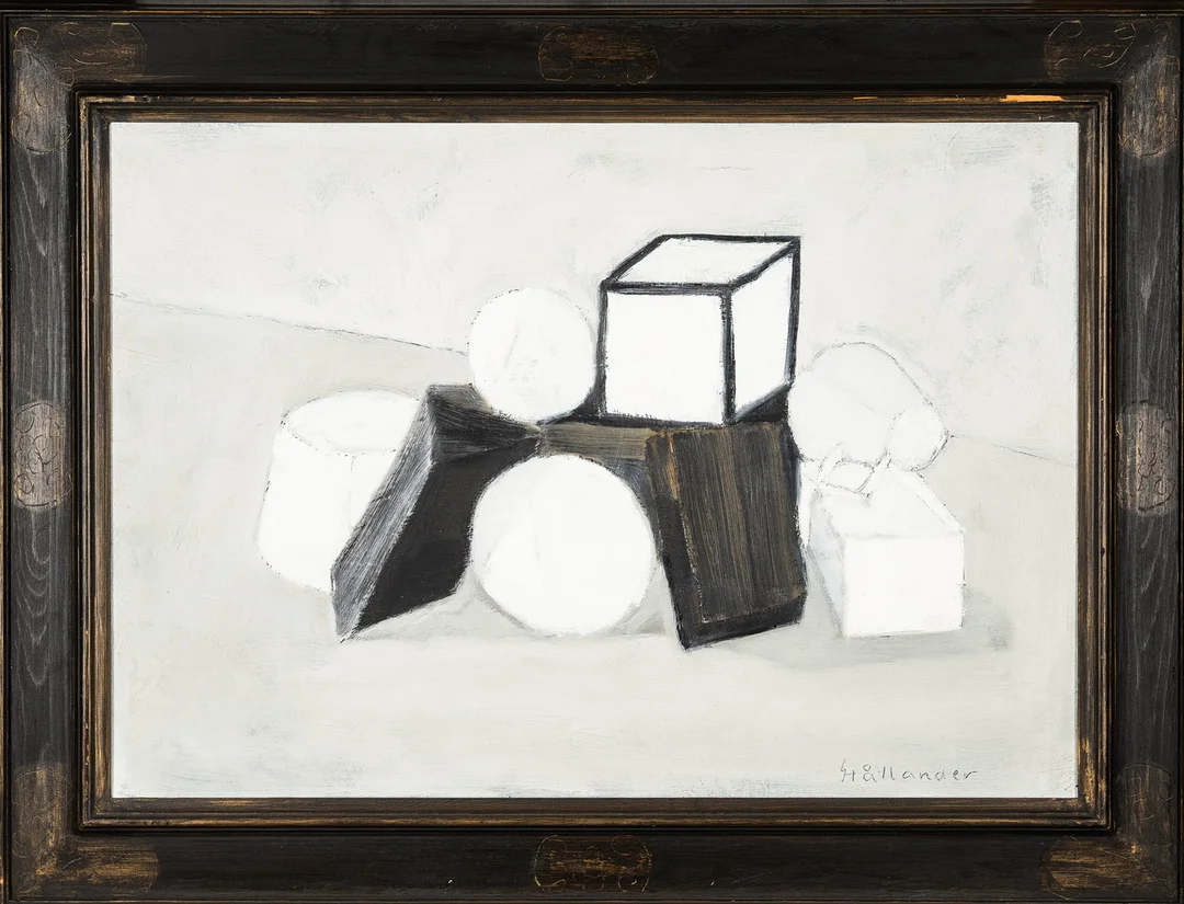 GUNNAR HÅLLANDER. Olja på pannå, "Stillben med två vita bollar", Signerad och daterad 1967. — Paintings — Norrlands Auktionsverk