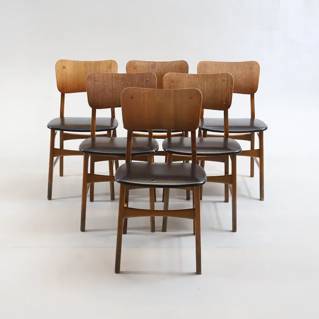 IB KOFOD-LARSEN. Stolar, 6 st, teak & bok, Danmark, 1900-talets mitt.
