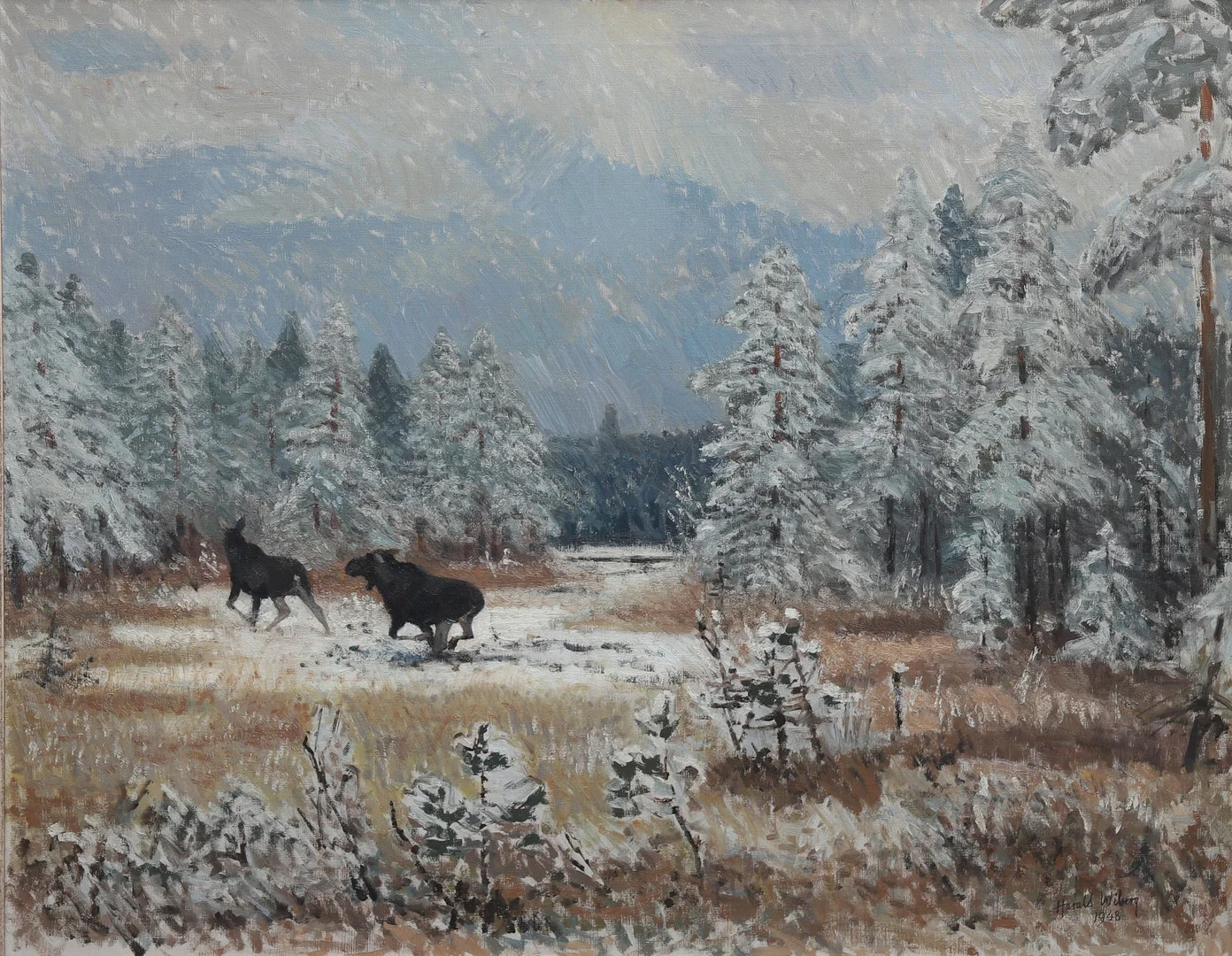 HARALD WIBERG. "ÄLGAR I NYSNÖ". — Paintings — Crafoord Auktioner Lund