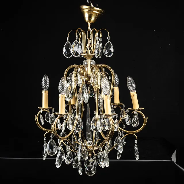 LJUSKRONA, 6-armad, behängd med prismor, barockstil.