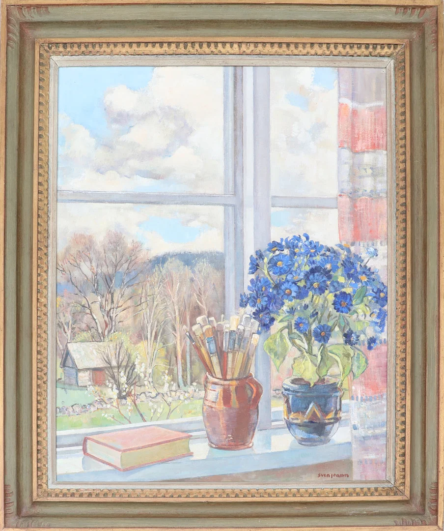 SVEN JOANN. olja på duk,"Ateljéfönsteret en vårdag", signerad samt daterad -49. — Paintings — Södermanlands Auktionsverk